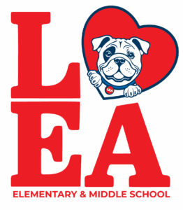 Logo for Lea Elementary & Middle School featuring large red letters "L", "E", and "A" with a heart-shaped "O" containing a bulldog mascot wearing a collar labeled "LEA"