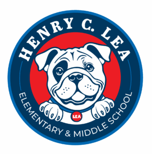 Official logo of Henry C. Lea Elementary School featuring a smiling bulldog mascot with a red tag that says "LEA," surrounded by a blue and red circular badge with the school name in bold white letters.